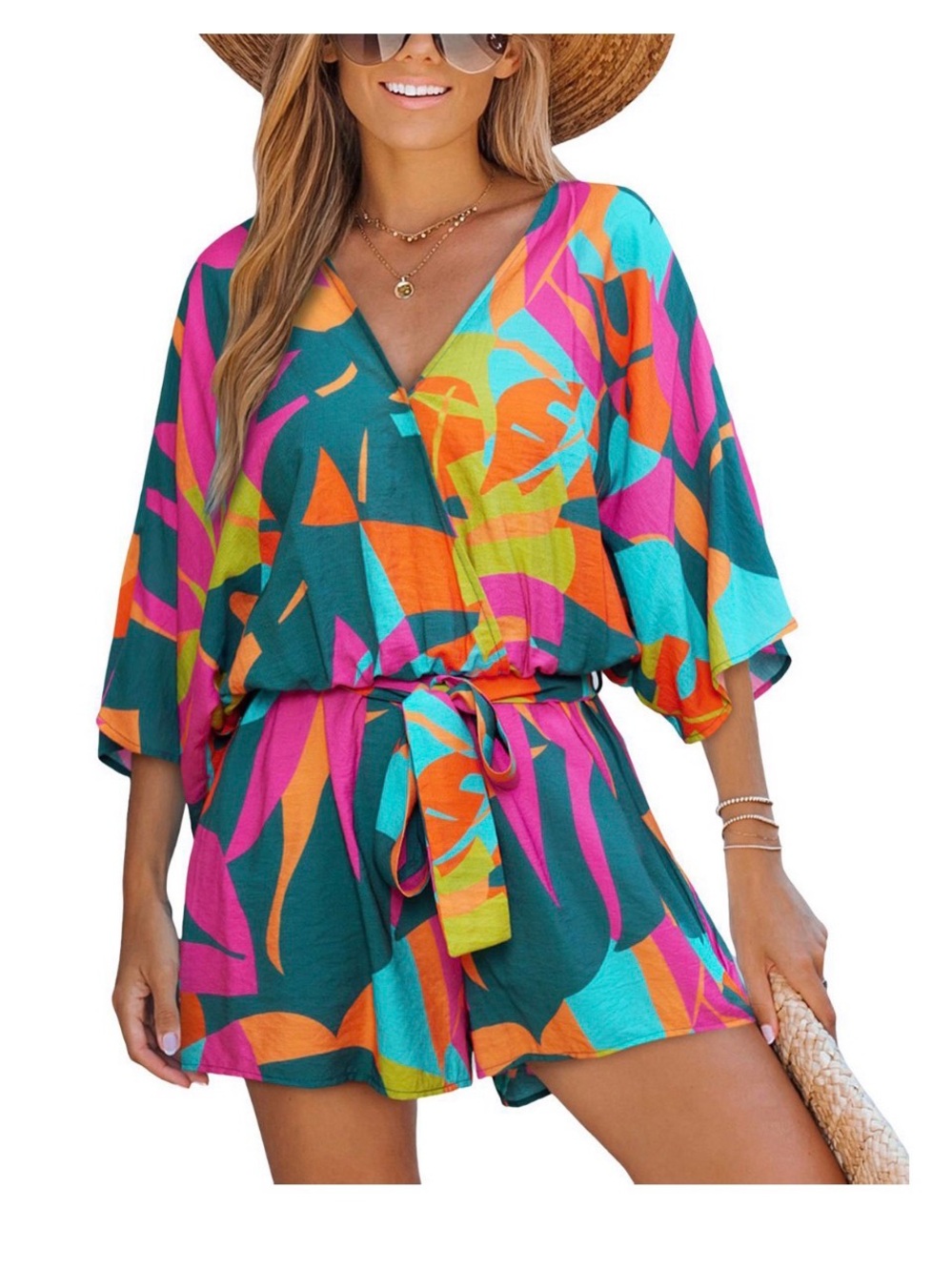 Cupshe Teal Multi V-Neck Tropical Swim Coverup Romper